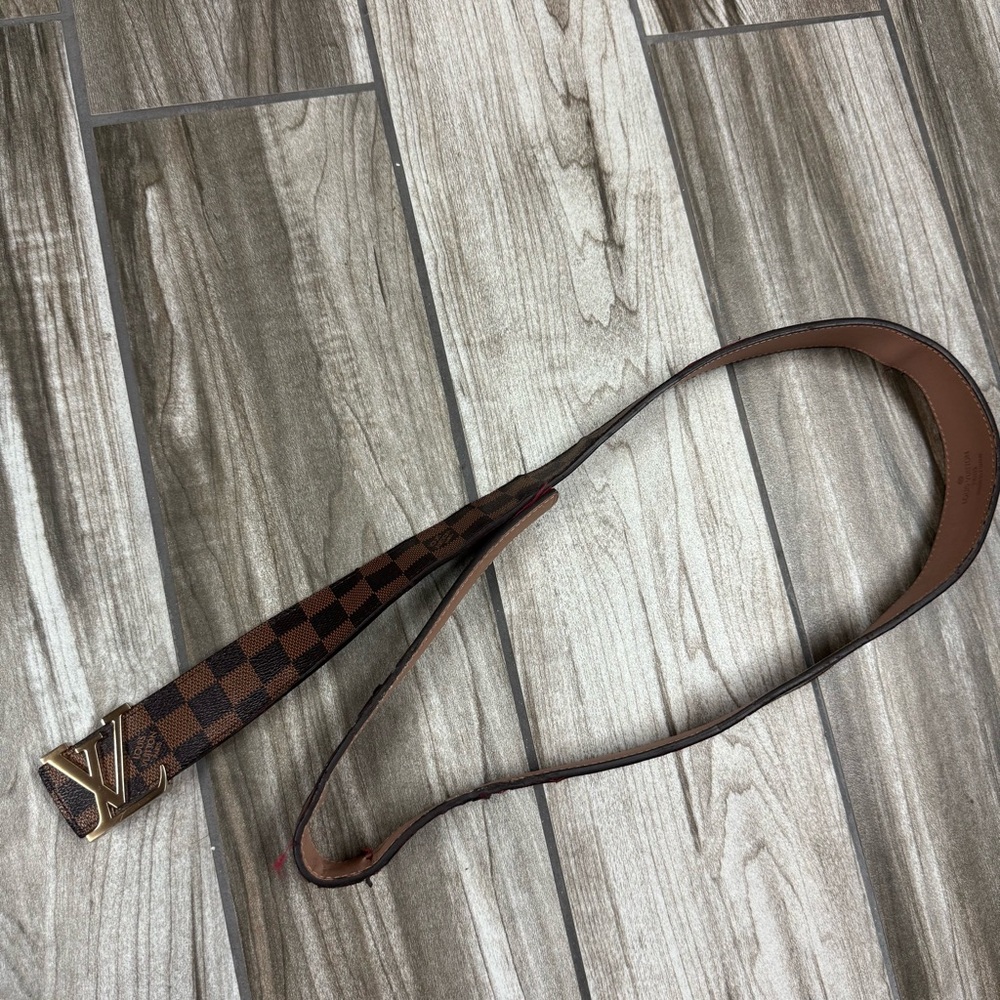 Louis Vuitton Brown Checkered Belt with Gold Buckle